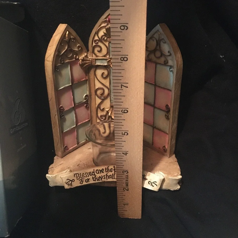 Vtg Stained Glass Cathedral Church Window Inspirational Verse Candle Holder